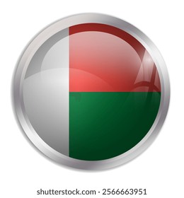 Madagascar flag - glossy circle button displays a colorful flag representing a country cultural identity and heritage. The essence of national pride and unity.