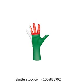 Madagascar flag and hand on white background. Vector illustration