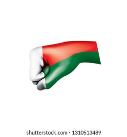 Madagascar flag and hand on white background. Vector illustration