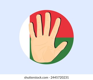 Madagaskar-Fahne mit Handstoppschild, Protest- und Menschenrechtsidee, Vektorgrafik-Design, Protest in Madagaskar, Einschränkung oder verbotenes Emblem, Verletzung der Meinungsfreiheit, Stopp War