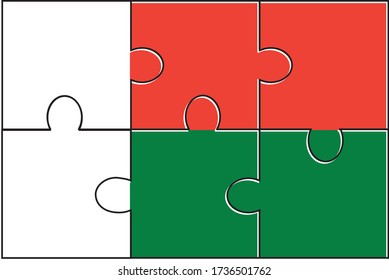 Madagascar Flag Jigsaw Puzzle. Vector illustration. 6 pieces of puzzles. Simple puzzles for kids