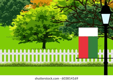 Madagascar Flag, Landscape of Park, Trees, Fence wooden and Street light Vector Illustration 