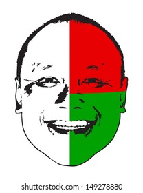 A Madagascar flag on a face, isolated against white. 