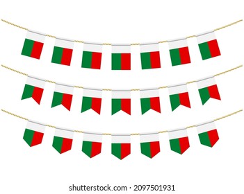 Madagascar flag on the ropes on white background. Set of Patriotic bunting flags. Bunting decoration of Madagascar flag