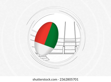 Madagascar flag on rugby ball, lined circle rugby icon with ball in a crowded stadium. Vector sport emblem on abstract background.
