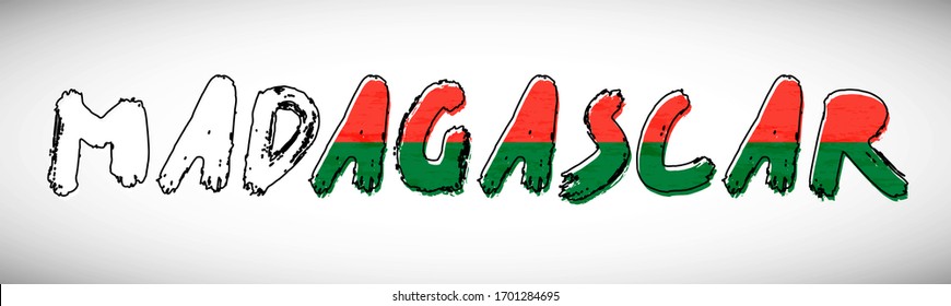 Madagascar flag on text typography. Country name banner strip. Artistic typography background.