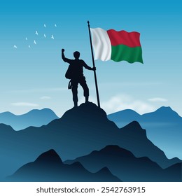 Bandera de Madagascar levantada en la cima de una montaña con el cielo despejado en el fondo, Ilustración vectorial