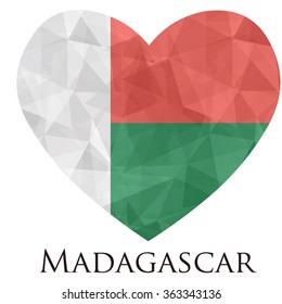Madagascar flag shape heart in geometric rumpled triangular low poly origami style graphic illustration,mosaic polygonal style.Symbol of love to country.Retro or vintage style background.