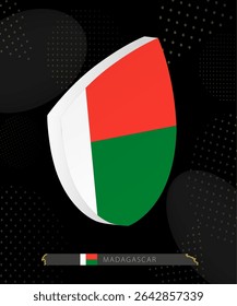 Madagascar Flag Shield icon in 3D on Dark Modern Abstract Rugby Background. Perfect for sports events, heritage themes, national celebrations, and patriotic designs.