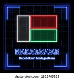 Madagascar flag symbol. Tech cyber data concept, editable strokes flag collection, bright neon design.