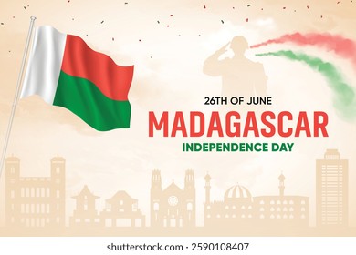 Madagascar Flag Waving On Skyline Background. Independence Day Concept Design Vector Illustration.