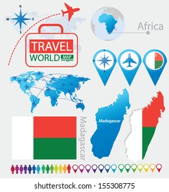 Madagascar. flag. World Map. Travel vector Illustration.