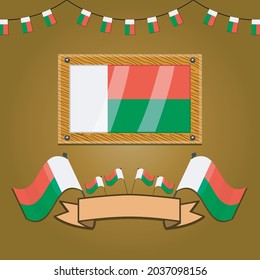 Banderas de Madagascar en madera de marco, etiqueta, gradiente simple e iluminación vectorial