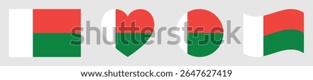 Madagascar flags set in square, heart, circle and waving formats designs element. Madagascar flags collection. Set of Madagascar flags icons isolated on gray background. Vector illustration.