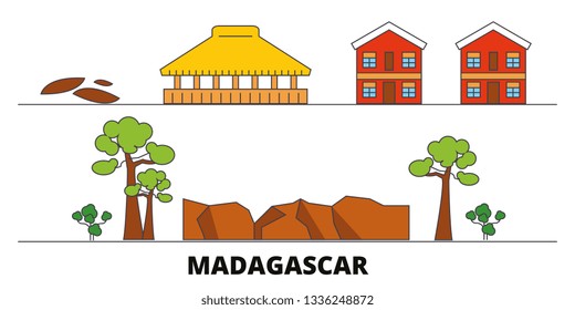 Madagascar flat landmarks vector illustration. Madagascar line city with famous travel sights, design skyline. 