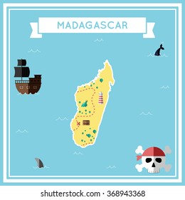 Madagascar flat treasure map. Colorful cartoon treasure map of Madagascar with flat icons of pirate ship, jolly roger, treasure chest and banner ribbon. Flat design vector illustration.