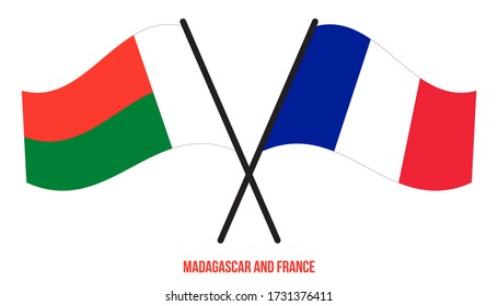 Madagascar and France Flags Crossed And Waving Flat Style. Official Proportion. Correct Colors.