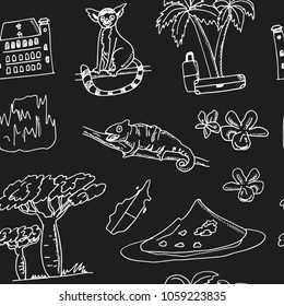Madagascar hand drawn doodle seamless pattern. Sketches. Vector illustration for design and packages product. Symbol collection.
