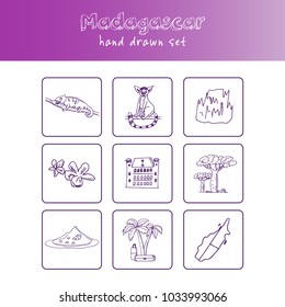 Madagascar hand drawn doodle set. Sketches. Vector illustration for design and packages product. Symbol collection.