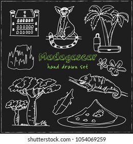 Madagascar hand drawn doodle set. Sketches. Vector illustration for design and packages product. Symbol collection.