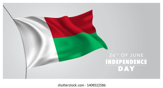 Madagascar happy independence day greeting card, banner, horizontal vector illustration. Malagasy holiday 26th of June design element with waving flag as a symbol of independence 