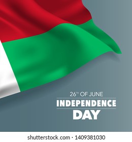 Madagascar happy independence day greeting card, banner vector illustration. Malagasy holiday 26th of June design element with flag with curves 