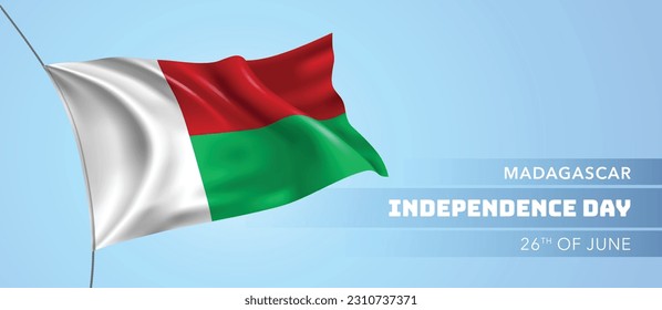 Madagascar happy independence day greeting card, banner vector illustration. Malagasy national holiday 26th of June design element with 3D flag