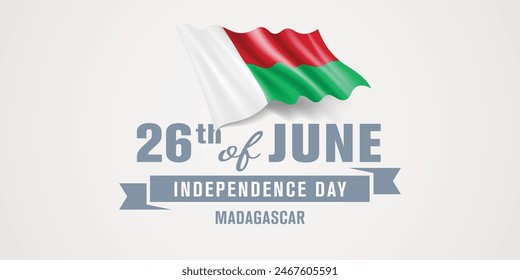 Madagascar happy independence day greeting card, banner vector illustration. Madagascarien national holiday 26th of June design element with realistic flag