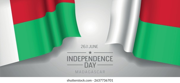 Madagascar happy independence day greeting card, banner with template text vector illustration. Madagascarean memorial holiday 26th of June design element with 3D flag with stripes