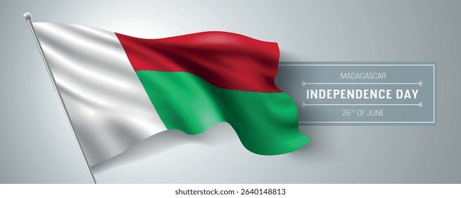Madagascar happy independence day greeting card, banner vector illustration. Madagascarean national holiday 26th of June design element with realistic flag