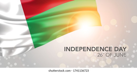 Cartel vector del día de la independencia de Madagascar, tarjeta de saludo. Bandera ondulada realista malgache en el 26 de junio Día nacional patriótico - diseño horizontal