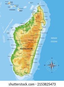 Mapa físico altamente detallado de Madagascar