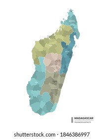 Madagascar higt detailed map with subdivisions. Administrative map of Madagascar with districts and cities name, colored by states and administrative districts. Vector illustration 