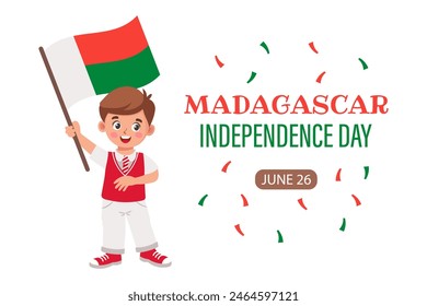 Madagascar Independence Day. Banner with Cute little boy with Madagascar flag. Holiday illustration. Vector