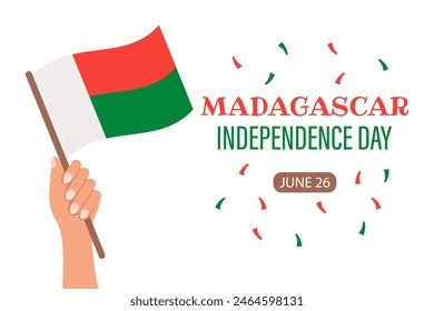 Madagascar Independence Day. Banner with hand with Madagascar flag. Holiday illustration. Vector