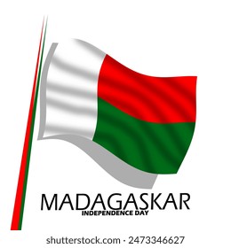 Madagascar Independence Day event banner. Madagascar flag flying on white background to celebrate on June 26th