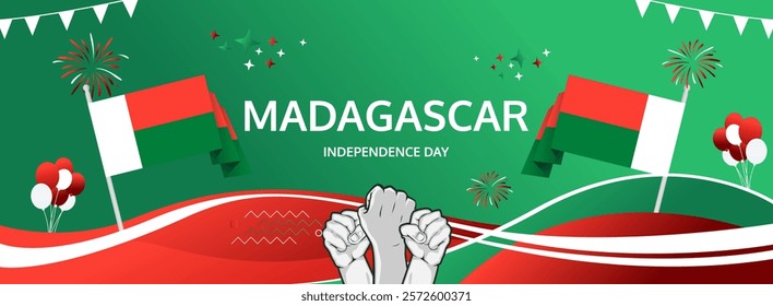 Madagascar Independence Day modern greeting banner. 26th June Happy National Day. Holidays abstract concept in flag colors. Great for event like carnival, feast poster, support, culture and tourism