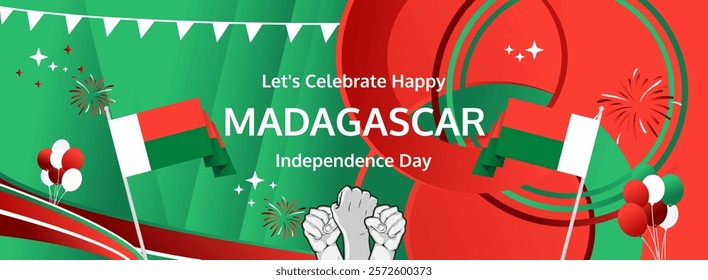 Madagascar Independence Day modern greeting banner. 26th June Happy National Day. Holidays abstract concept in flag colors. Great for event like carnival, feast poster, support, culture and tourism