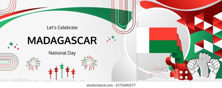 Madagascar Independence Day modern greeting banner. 26th June Happy National Day. Holidays abstract concept in flag colors. Great for event like carnival, feast poster, support, culture and tourism