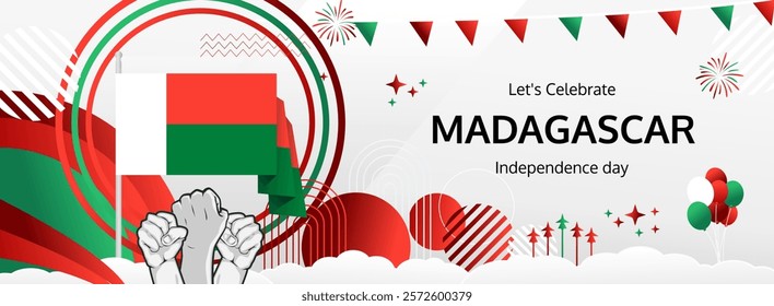 Madagascar Independence Day modern greeting banner. 26th June Happy National Day. Holidays abstract concept in flag colors. Great for event like carnival, feast poster, support, culture and tourism