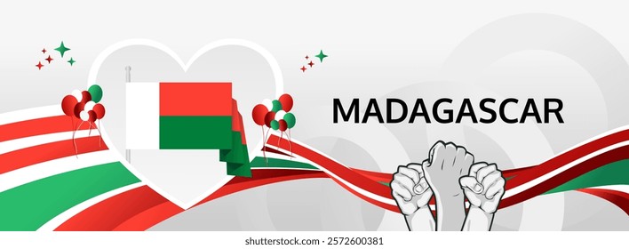 Madagascar Independence Day modern greeting banner. 26th June Happy National Day. Holidays abstract concept in flag colors. Great for event like carnival, feast poster, support, culture and tourism