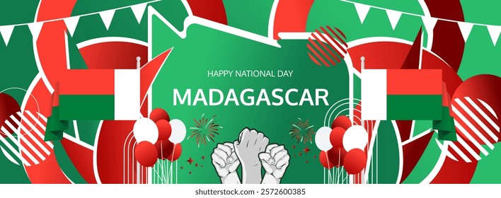 Madagascar Independence Day modern greeting banner. 26th June Happy National Day. Holidays abstract concept in flag colors. Great for event like carnival, feast poster, support, culture and tourism