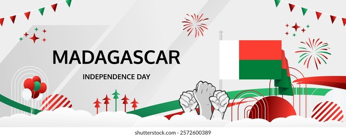 Madagascar Independence Day modern greeting banner. 26th June Happy National Day. Holidays abstract concept in flag colors. Great for event like carnival, feast poster, support, culture and tourism