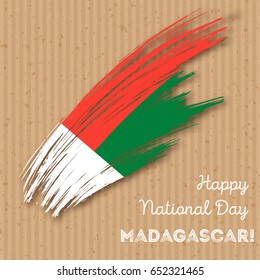 Madagascar Independence Day Patriotic Design. Expressive Brush Stroke in National Flag Colors on kraft paper background. Happy Independence Day Madagascar Vector Greeting Card.