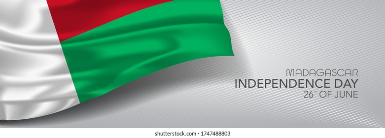 Cartel vectorial del día de la independencia de Madagascar, tarjeta de saludo. Bandera ondulada malgache en el 26 de junio Día nacional patriótico - diseño horizontal