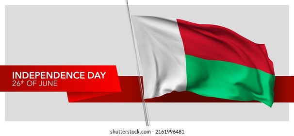 Madagascar independence day vector banner, greeting card. Malagasy wavy flag in 26th of June patriotic holiday horizontal design