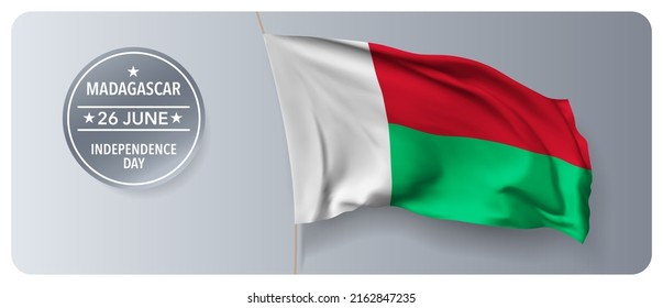 Cartel vectorial del día de la independencia de Madagascar, tarjeta de saludo. Bandera ondulada malgache en el 26 de junio Día nacional patriótico - diseño horizontal