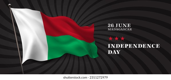 Madagascar independence day vector banner, greeting card. Malagasy wavy flag in 26th of June national patriotic holiday horizontal design
