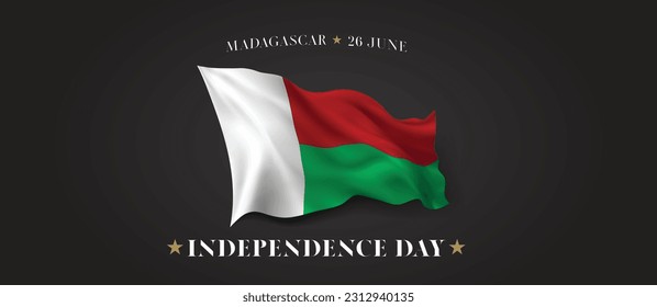 Madagascar independence day vector banner, greeting card. Malagasy wavy flag in 26th of June patriotic holiday horizontal design with realistic flag