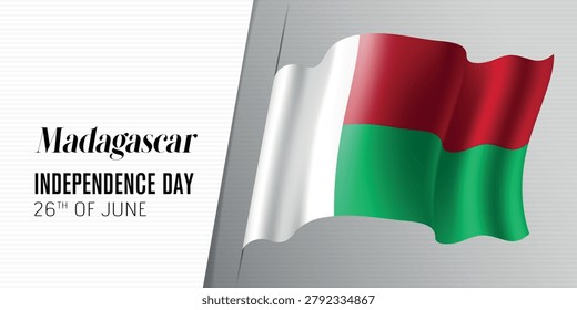 Madagascar independence day vector banner, greeting card. Malagasy wavy flag in 26th of June national patriotic holiday horizontal design